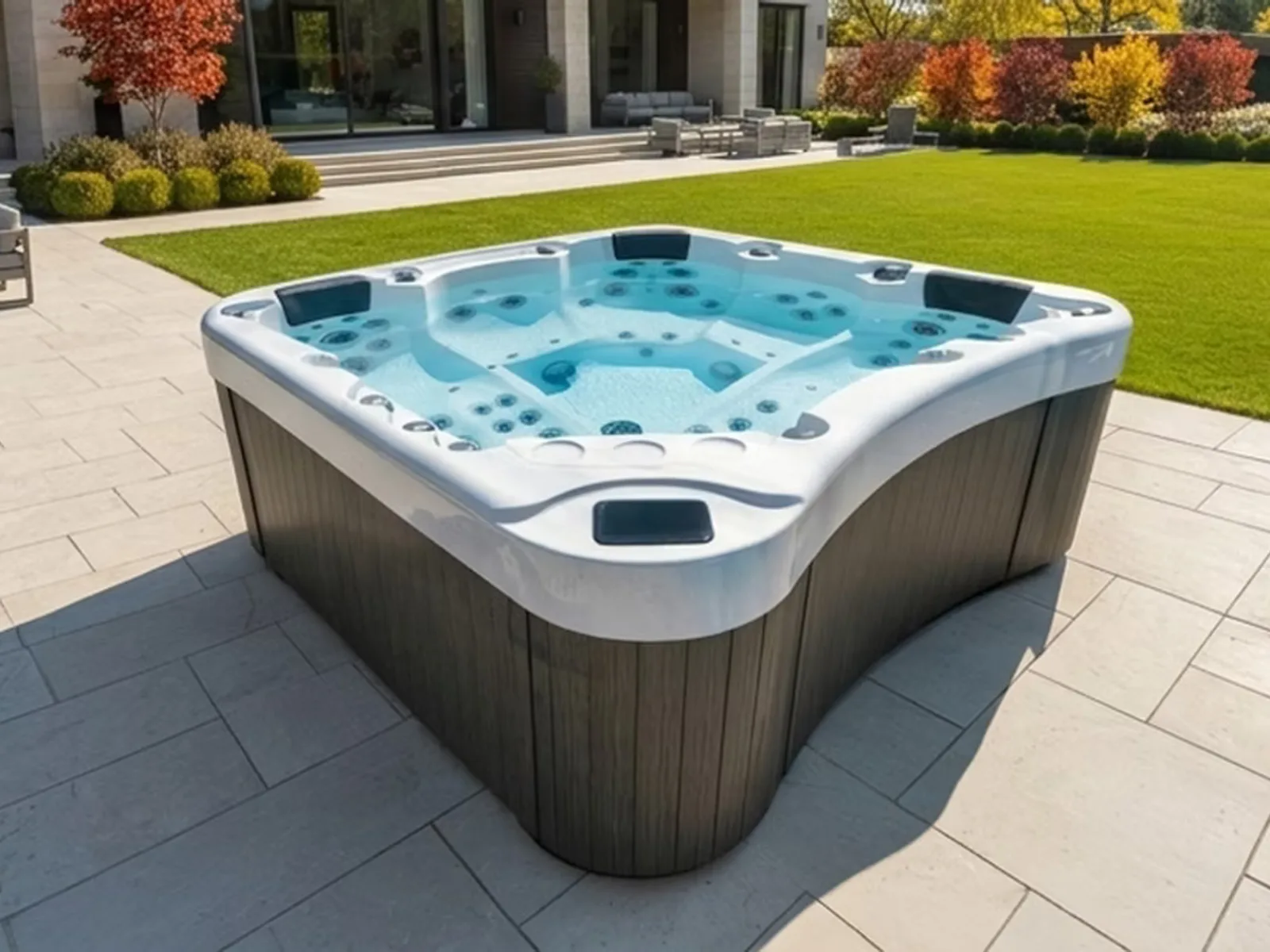 Hot tub installed on a stone patio beside a lawn