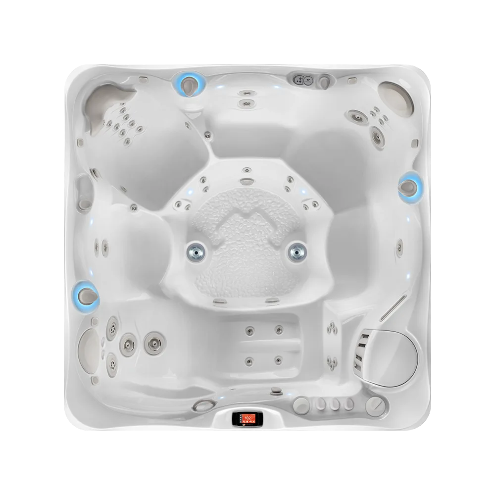 Caldera Geneva six-person hot tub with lounge seating for a Palm Beach outdoor living spaceCaldera Geneva six-person hot tub with lounge seating for a Palm Beach outdoor living space