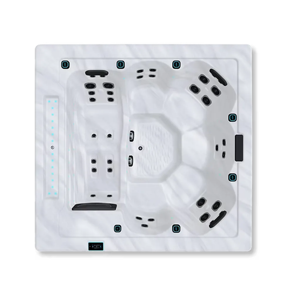 Maple PL660 hot tub for 6 people with one lounger in a Palm Beach outdoor settingMaple PL660 hot tub for 6 people with one lounger in a Palm Beach outdoor setting