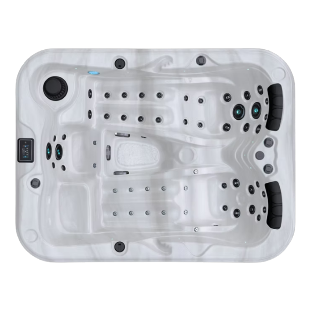 Be Well O354 hot tub for 3 people with 2 loungers in a Palm Beach outdoor settingBe Well O354 hot tub for 3 people with 2 loungers in a Palm Beach outdoor setting