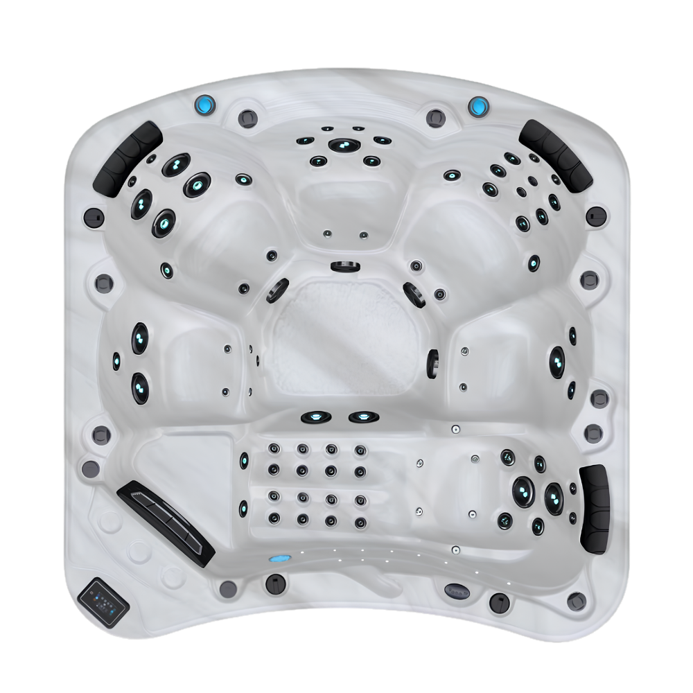 Be Well E680 hot tub for 6 people with one lounger in a Palm Beach outdoor settingBe Well E680 hot tub for 6 people with one lounger in a Palm Beach outdoor setting