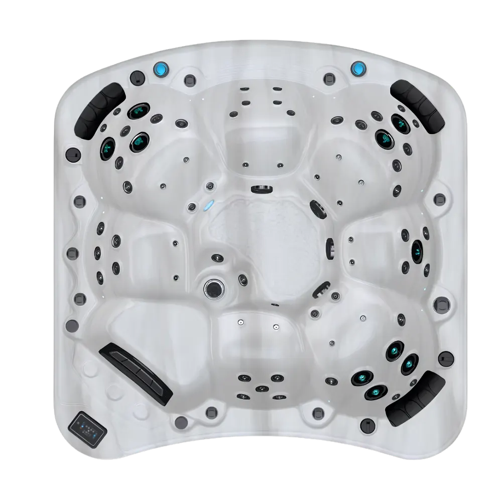 Be Well E770 hot tub for 7 people with an all-seater layout in a Palm Beach outdoor settingBe Well E770 hot tub for 7 people with an all-seater layout in a Palm Beach outdoor setting