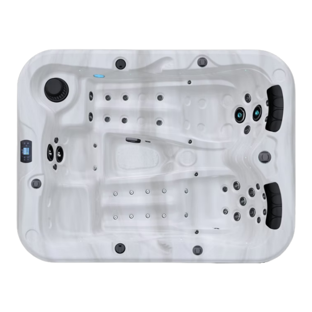 Be Well O347 hot tub for 3 people with 2 loungers in a Palm Beach outdoor settingBe Well O347 hot tub for 3 people with 2 loungers in a Palm Beach outdoor setting