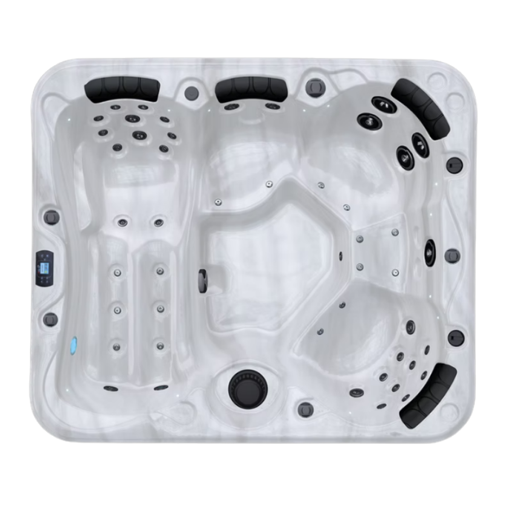 Be Well O447 hot tub for 5 people with one lounger in a Palm Beach outdoor settingBe Well O447 hot tub for 5 people with one lounger in a Palm Beach outdoor setting