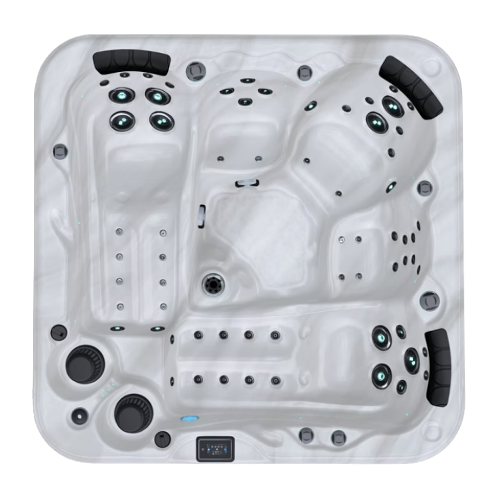 Be Well O565 hot tub for 5 people with 2 loungers in a Palm Beach outdoor settingBe Well O565 hot tub for 5 people with 2 loungers in a Palm Beach outdoor setting