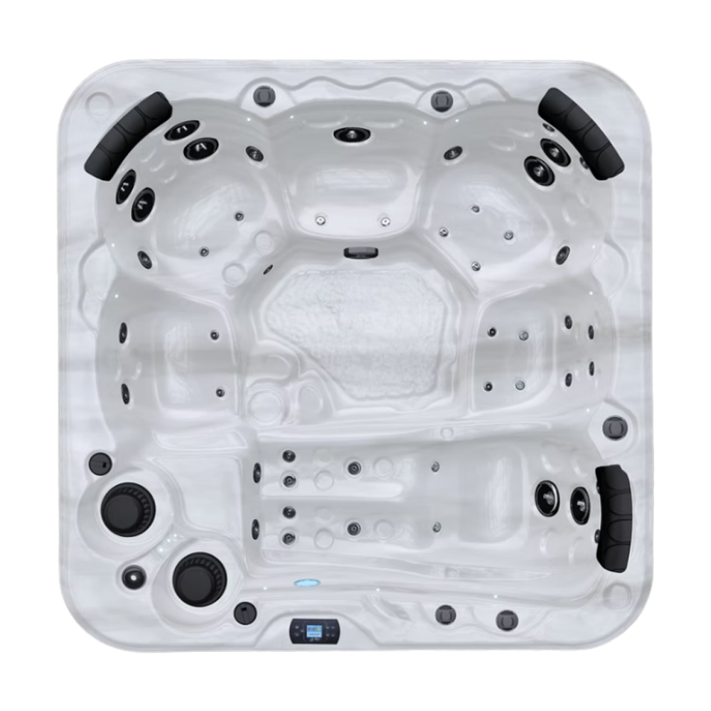 Be Well O647 hot tub for 6 people with one lounger in a Palm Beach outdoor settingBe Well O647 hot tub for 6 people with one lounger in a Palm Beach outdoor setting