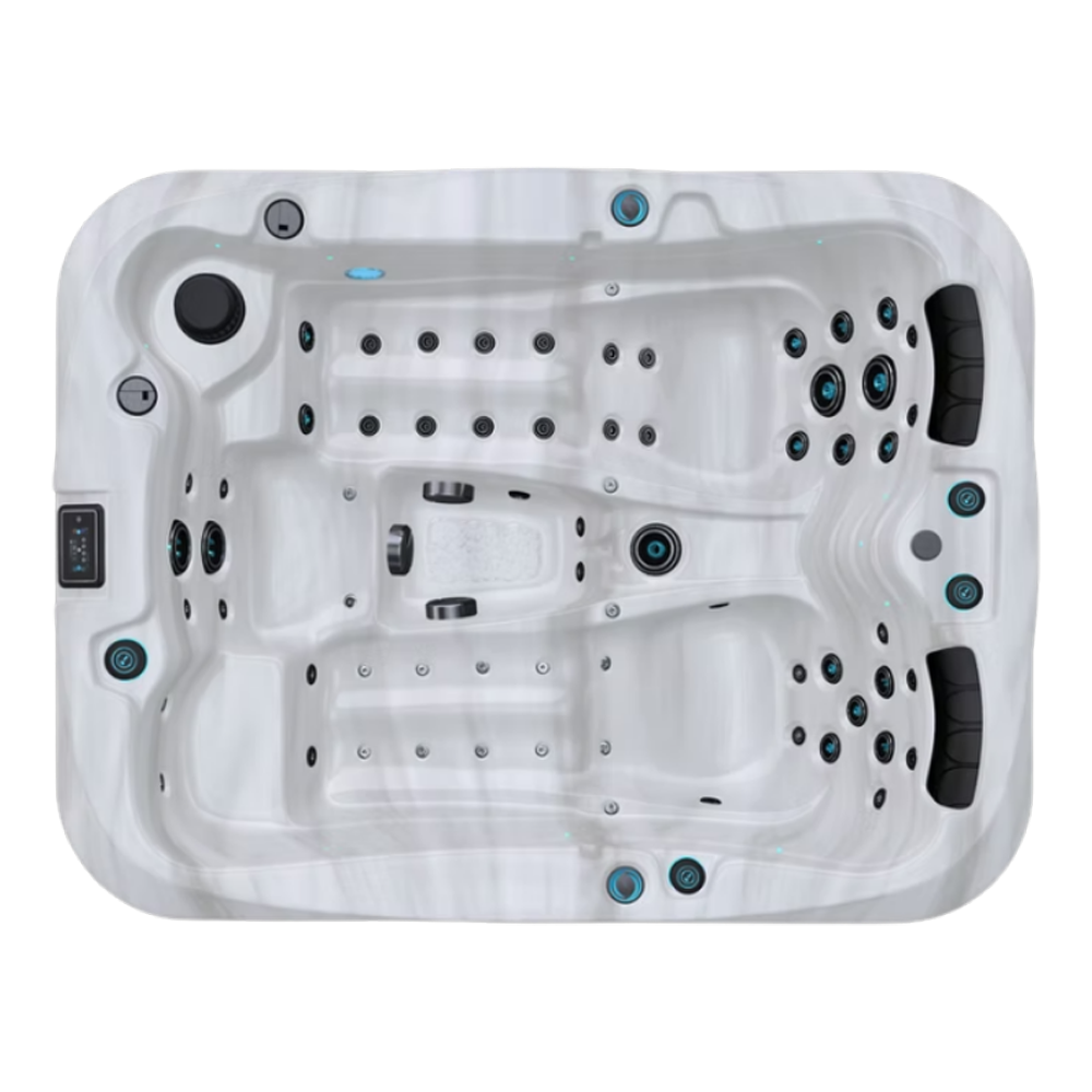 Be Well P366 hot tub for 3 people with 2 loungers in a Palm Beach outdoor settingBe Well P366 hot tub for 3 people with 2 loungers in a Palm Beach outdoor setting