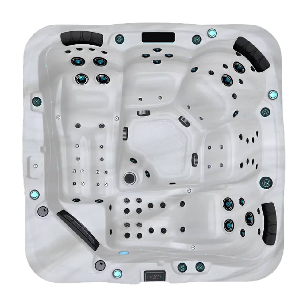 Be Well P584 hot tub for 5 people with 2 loungers in a Palm Beach outdoor settingBe Well P584 hot tub for 5 people with 2 loungers in a Palm Beach outdoor setting
