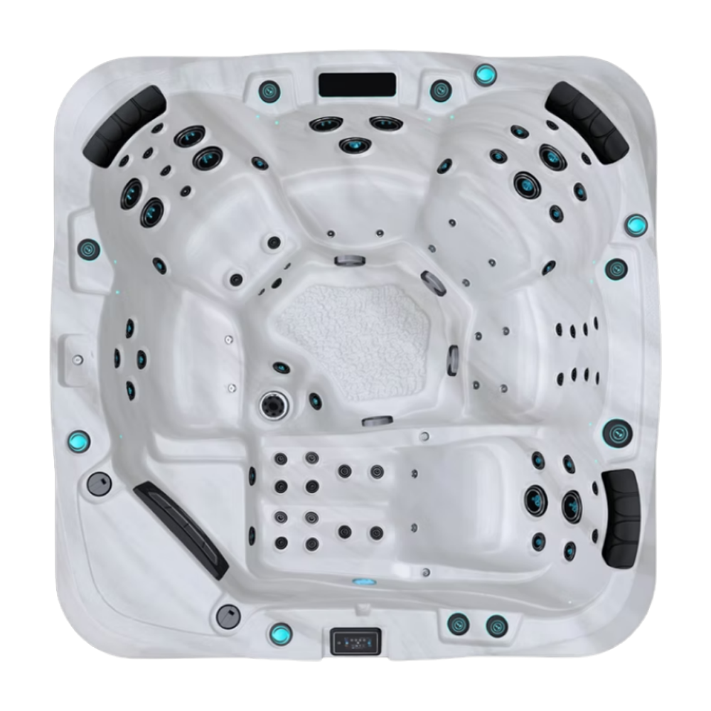 Be Well P682 hot tub for 6 people with one lounger in a Palm Beach outdoor settingBe Well P682 hot tub for 6 people with one lounger in a Palm Beach outdoor setting