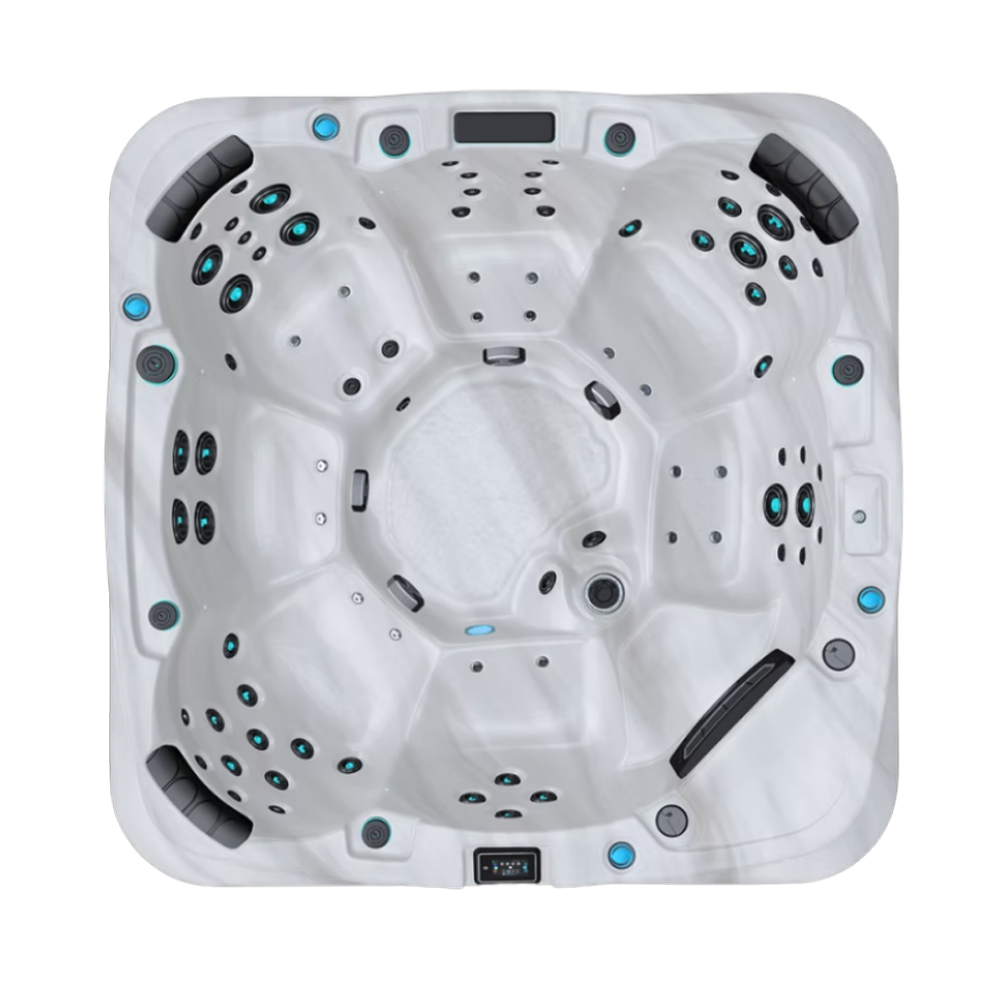 Be Well P783 hot tub for 7 people with an all-seater layout in a Palm Beach outdoor settingBe Well P783 hot tub for 7 people with an all-seater layout in a Palm Beach outdoor setting