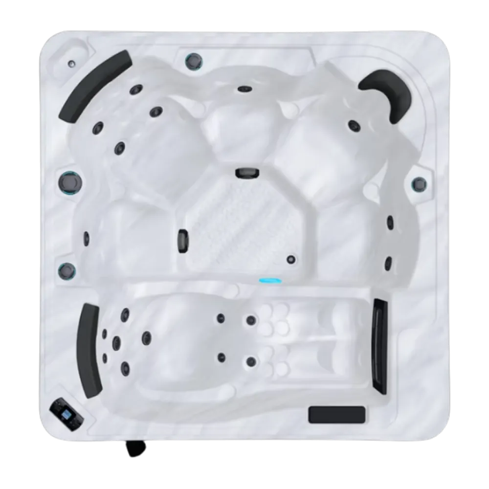 Be Well U906 hot tub for 6 people with one lounger in a Palm Beach outdoor settingBe Well U906 hot tub for 6 people with one lounger in a Palm Beach outdoor setting