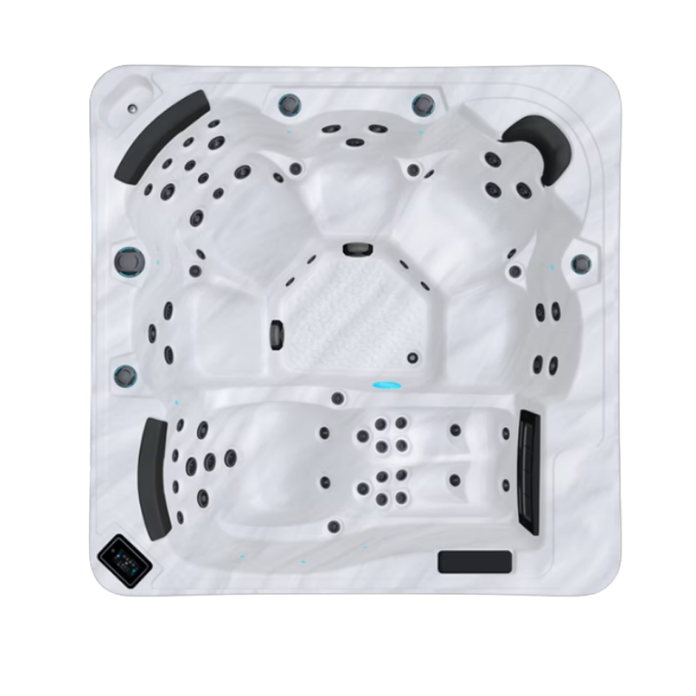 Be Well U916 hot tub for 6 people with one lounger in a Palm Beach outdoor settingBe Well U916 hot tub for 6 people with one lounger in a Palm Beach outdoor setting
