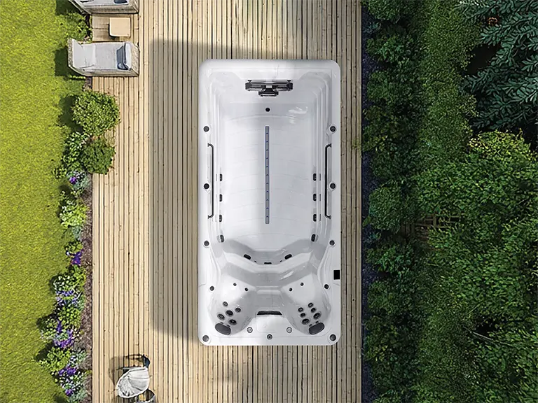 Platinum Eros swim spa seen from above on a wooden deck