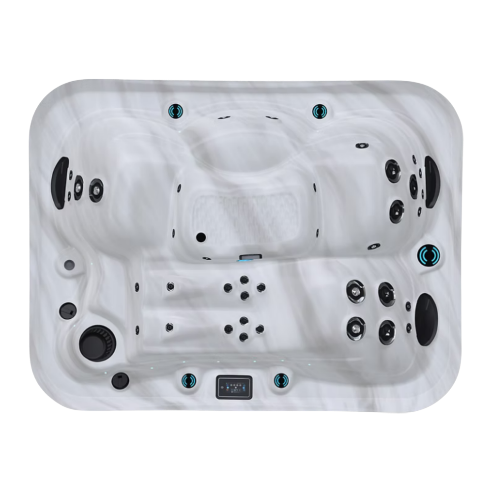 Maple M320 hot tub for 4 people with one lounger in a Palm Beach outdoor settingMaple M320 hot tub for 4 people with one lounger in a Palm Beach outdoor setting