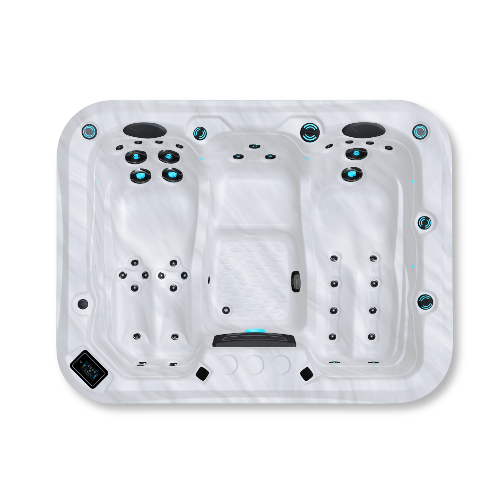 Maple M350 hot tub for 3 people with 2 loungers in a Palm Beach outdoor settingMaple M350 hot tub for 3 people with 2 loungers in a Palm Beach outdoor setting