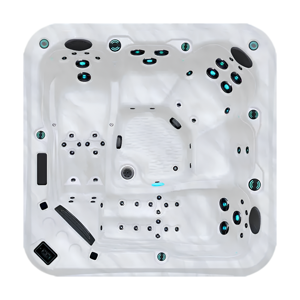 Maple M550 hot tub for 5 people with 2 loungers in a Palm Beach outdoor settingMaple M550 hot tub for 5 people with 2 loungers in a Palm Beach outdoor setting