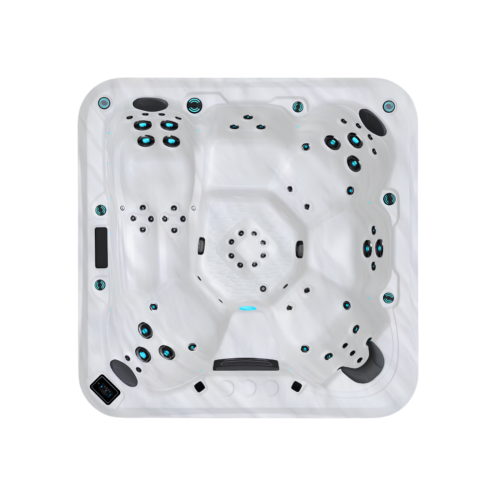 Maple M950 hot tub for 7 people with one lounger in a Palm Beach outdoor settingMaple M950 hot tub for 7 people with one lounger in a Palm Beach outdoor setting