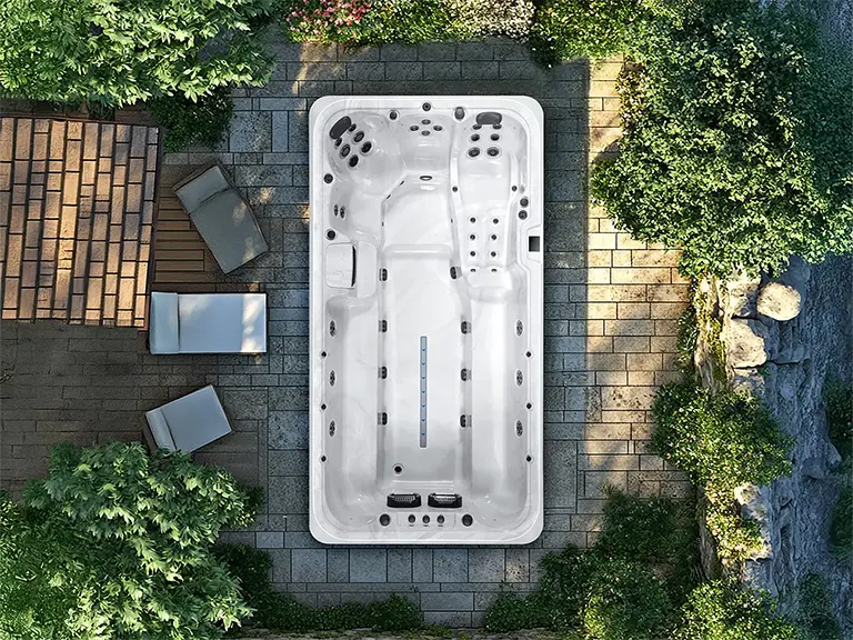 Platinum Titan swim spa seen from above on a garden patio