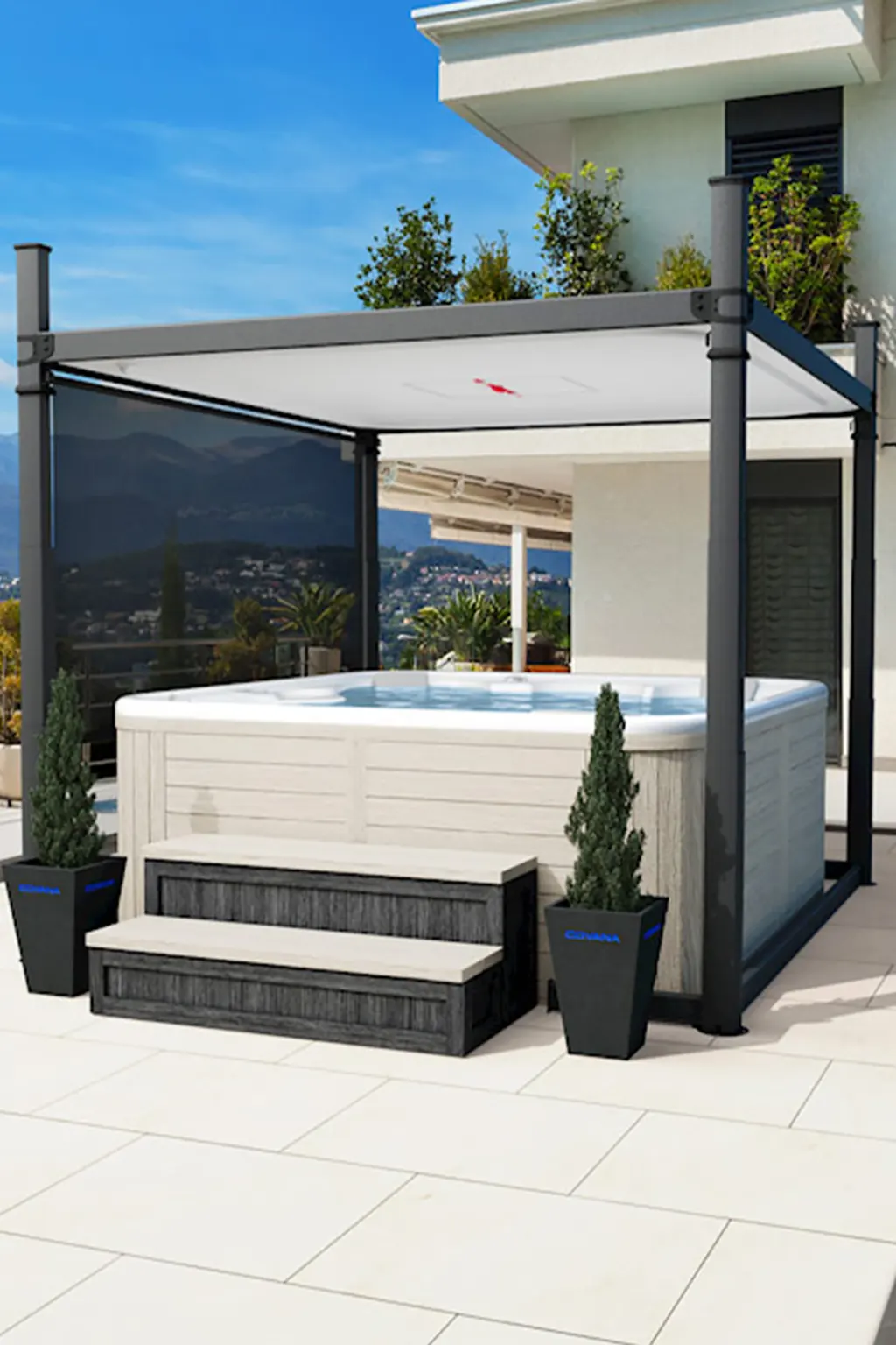 Covana Evolution raised above a hot tub on a sunny rooftop terrace