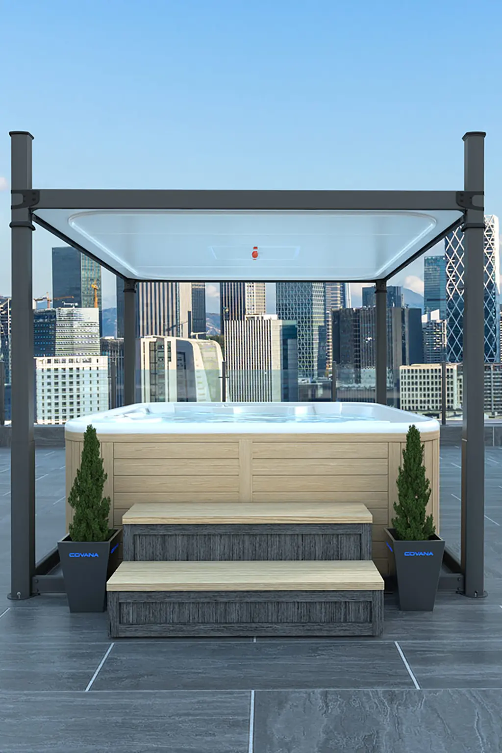 Covana Evolution flat-roof cover raised above a hot tub on a city rooftop