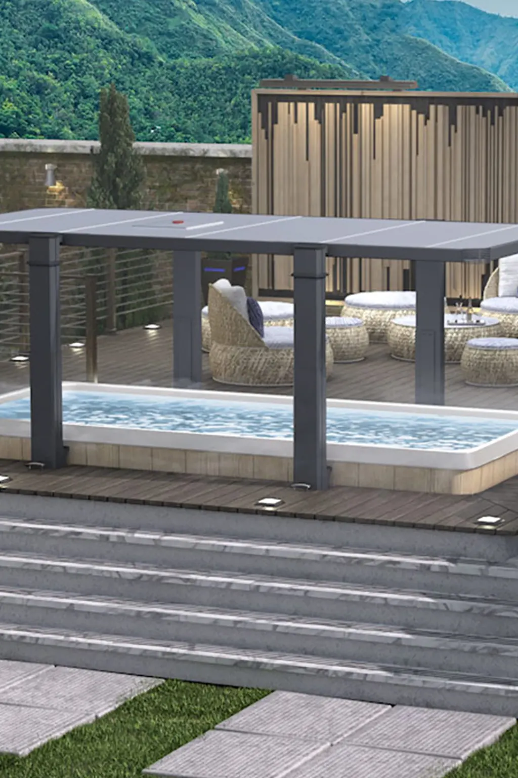 Covana automated cover raised above a semi-inground swim spa