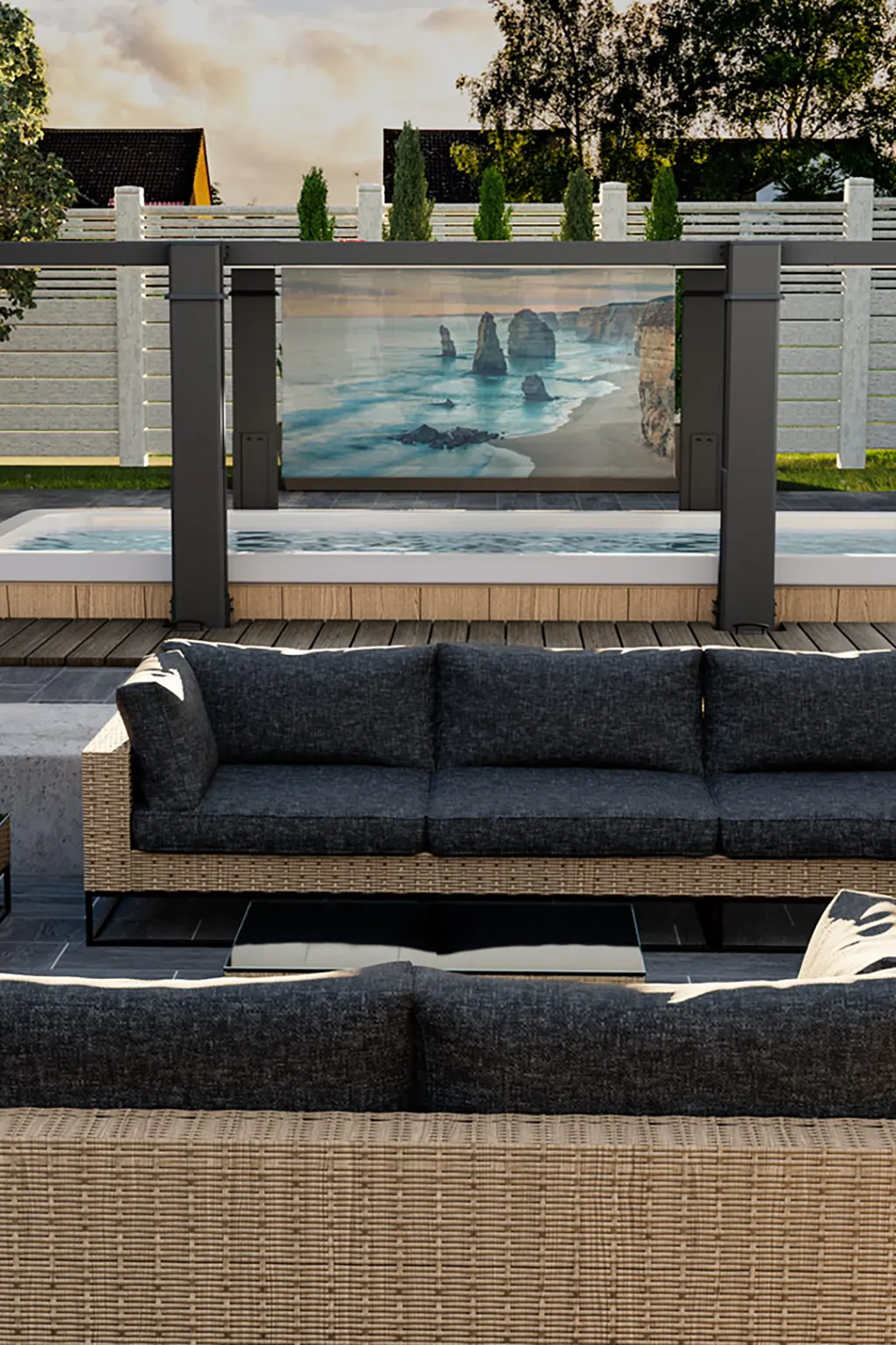 Covana Legend with a privacy shade beside an outdoor lounge