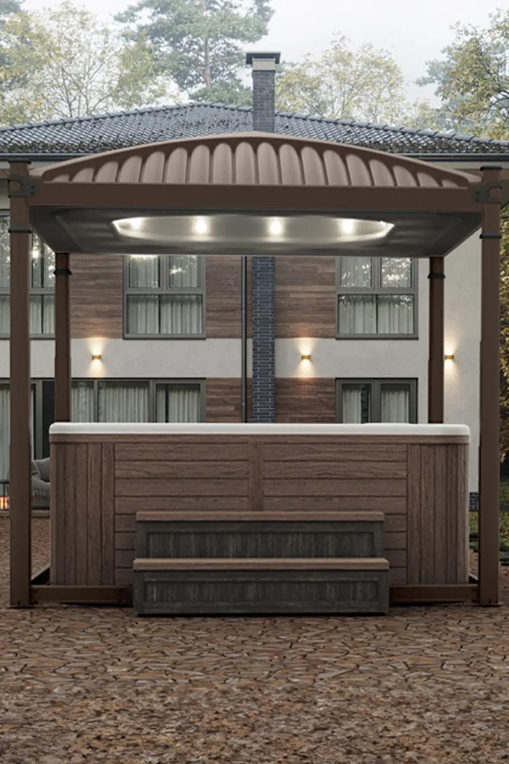 Covana Oasis with a curved roof and ambient lighting over a hot tub