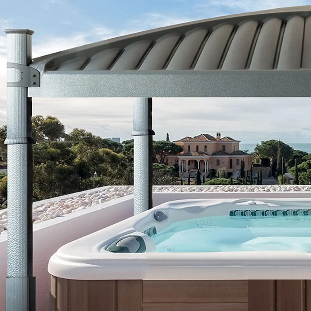 Covana Oasis cover raised above a hot tub