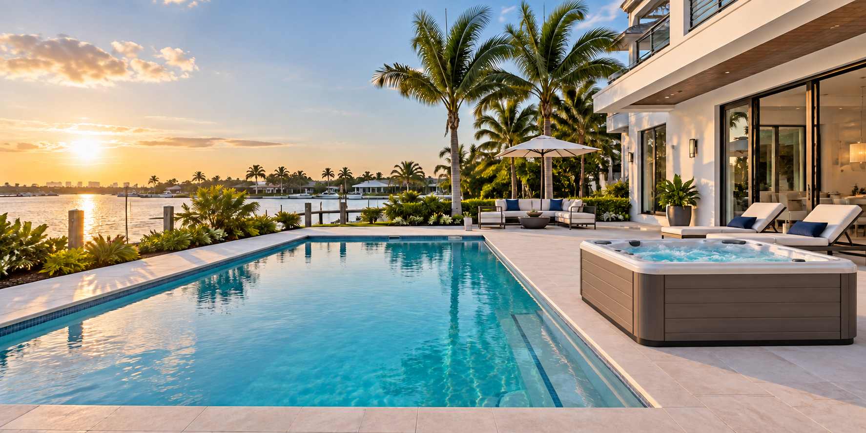 Clear pool on a waterfront South Florida patio at sunset