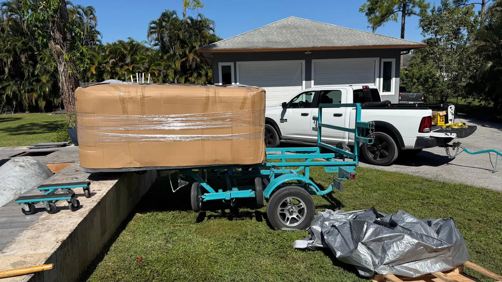 New Platinum Palma in its packaging on the spa trailer