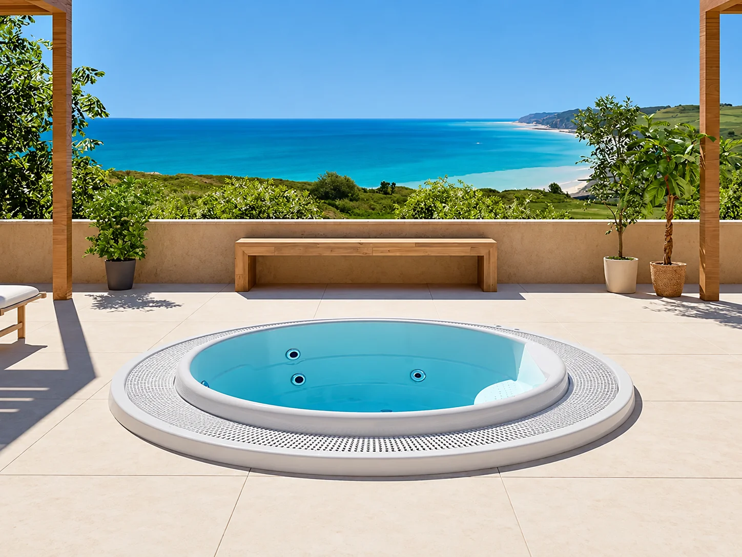 Aquavia Professional Capri round spa on a terrace overlooking the sea