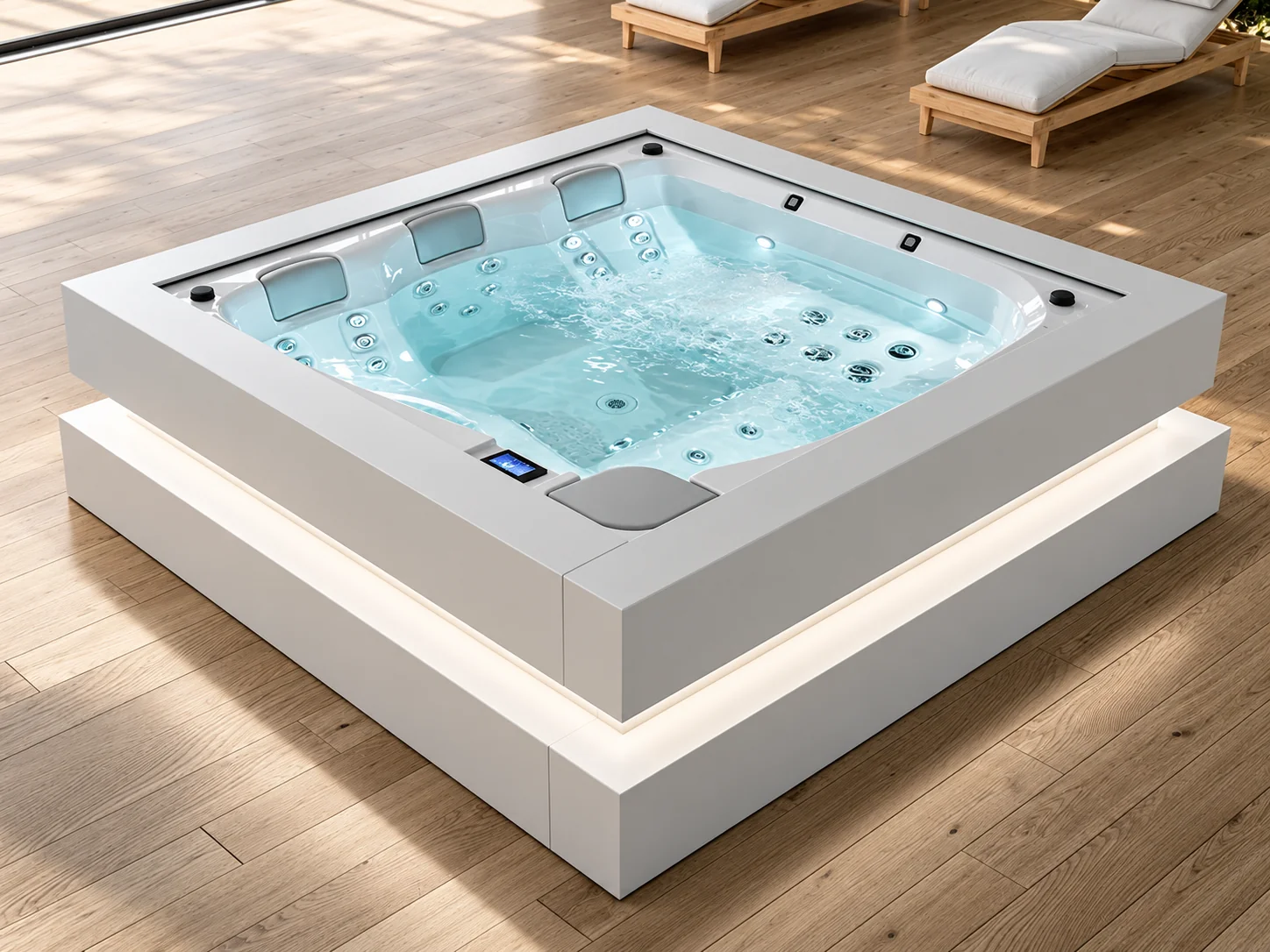 Aquavia Exclusive Serenity spa with lit base on a modern terrace