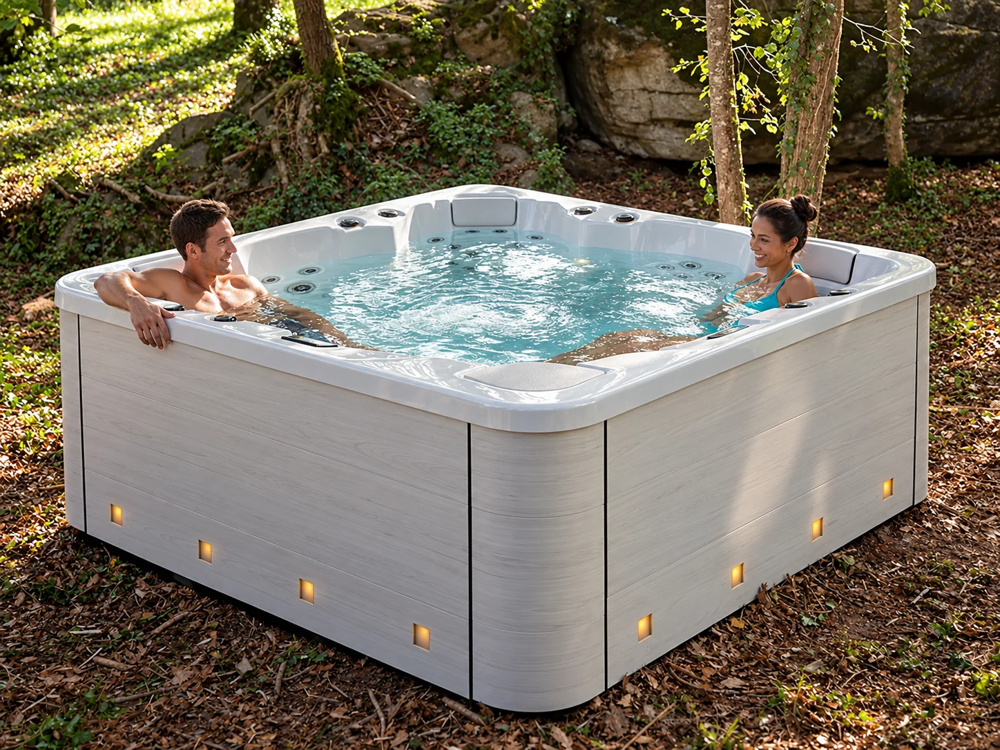 Couple relaxing in an Aquavia Premium Velvet spa in a garden