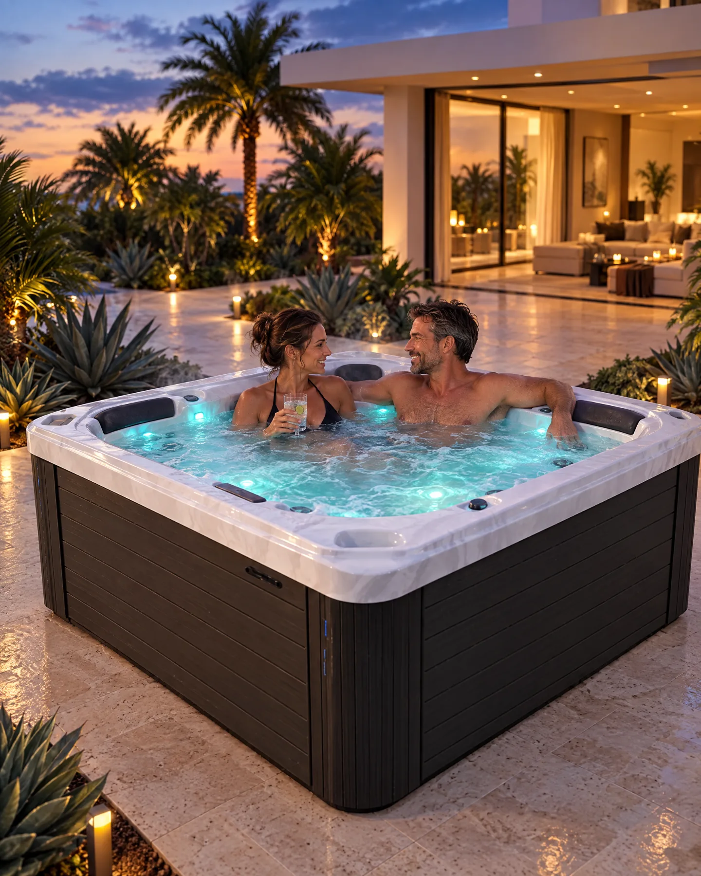 Couple relaxing in a Be Well hot tub on a palm-lined South Florida patio at dusk