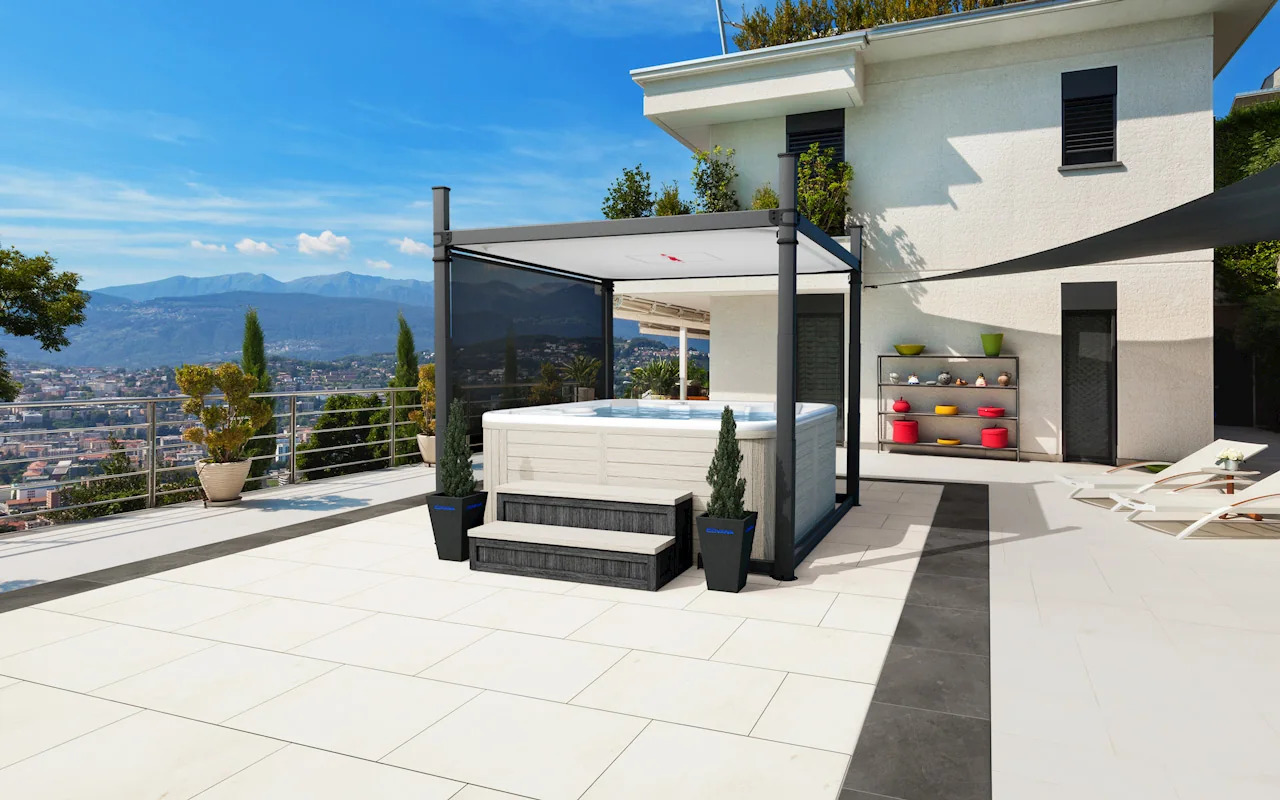 Covana Evolution flat-roof cover over a hot tub on a terrace
