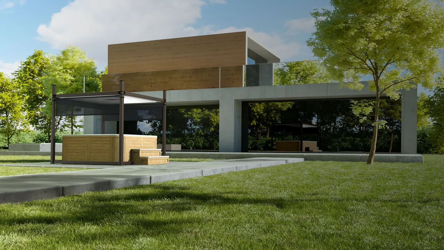 Covana Evolution with its flat roof beside a modern home