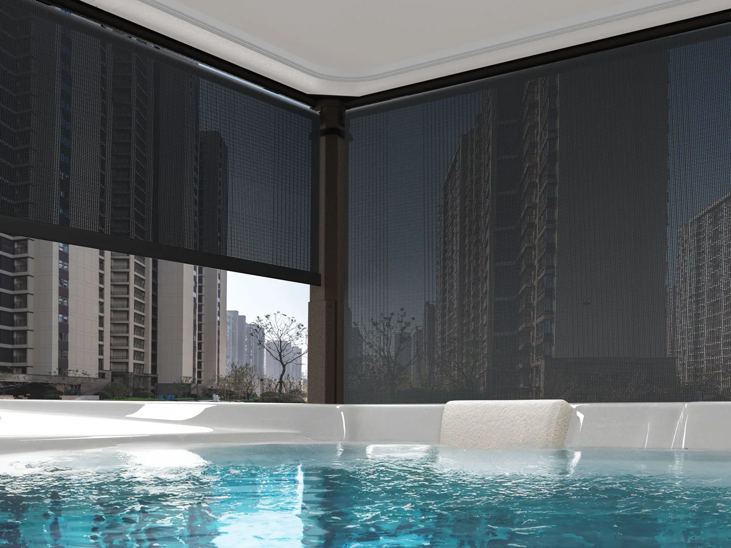 View from a hot tub through a Covana Evolution privacy shade