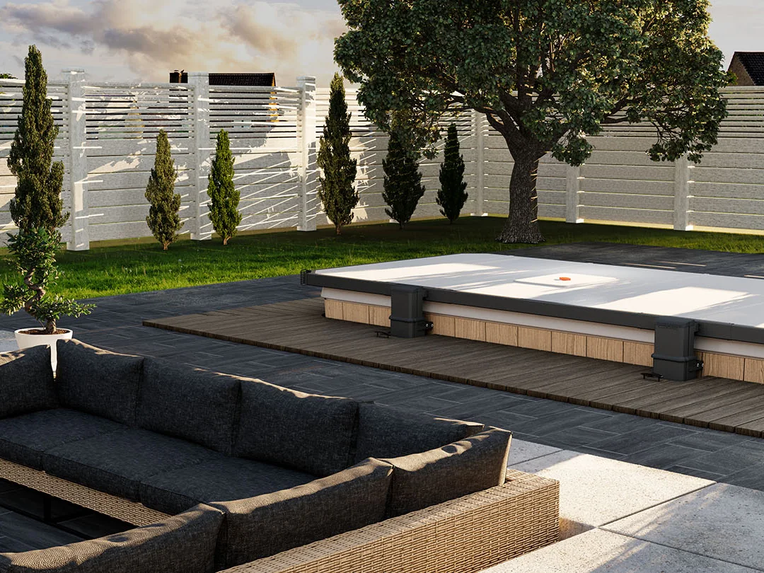 Covana Legend lowered over a swim spa on a patio