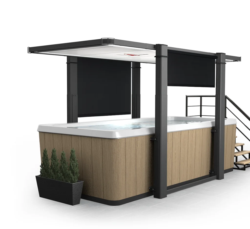Covana Legend automated cover raised above a swim spa