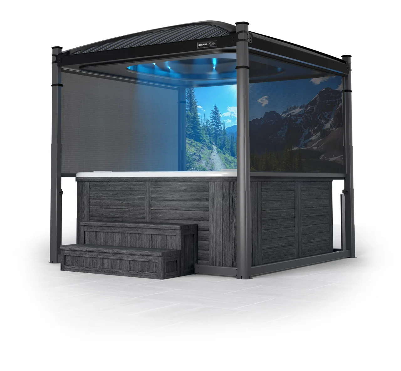 Covana Oasis Midnight automated cover in black over a hot tub