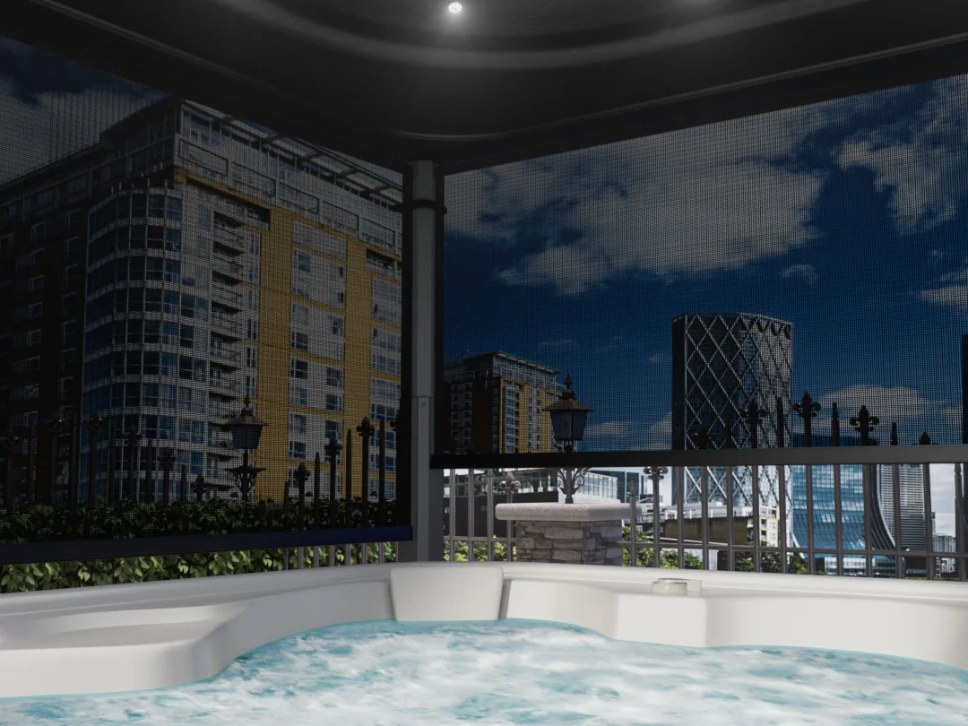 View from a hot tub through a Covana Oasis Midnight privacy shade