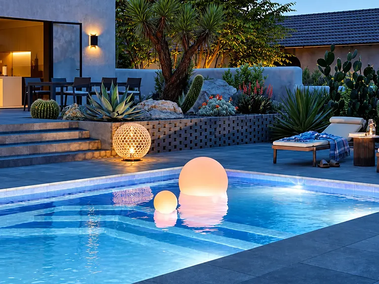 Fiberglass pool with glowing lights on a modern patio