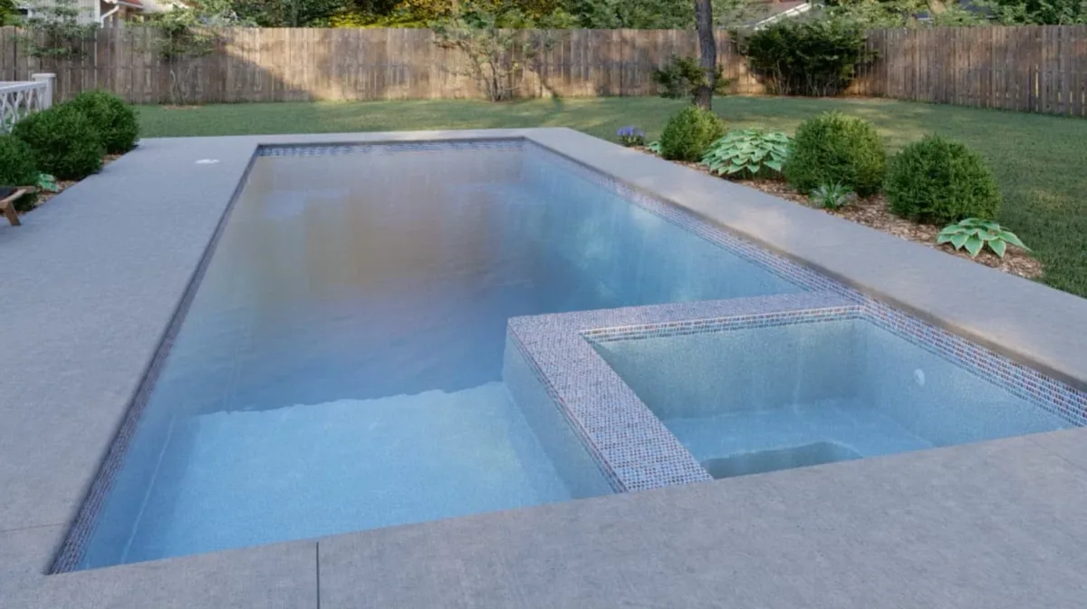 Latham Astoria 14 fiberglass pool installed in a backyard