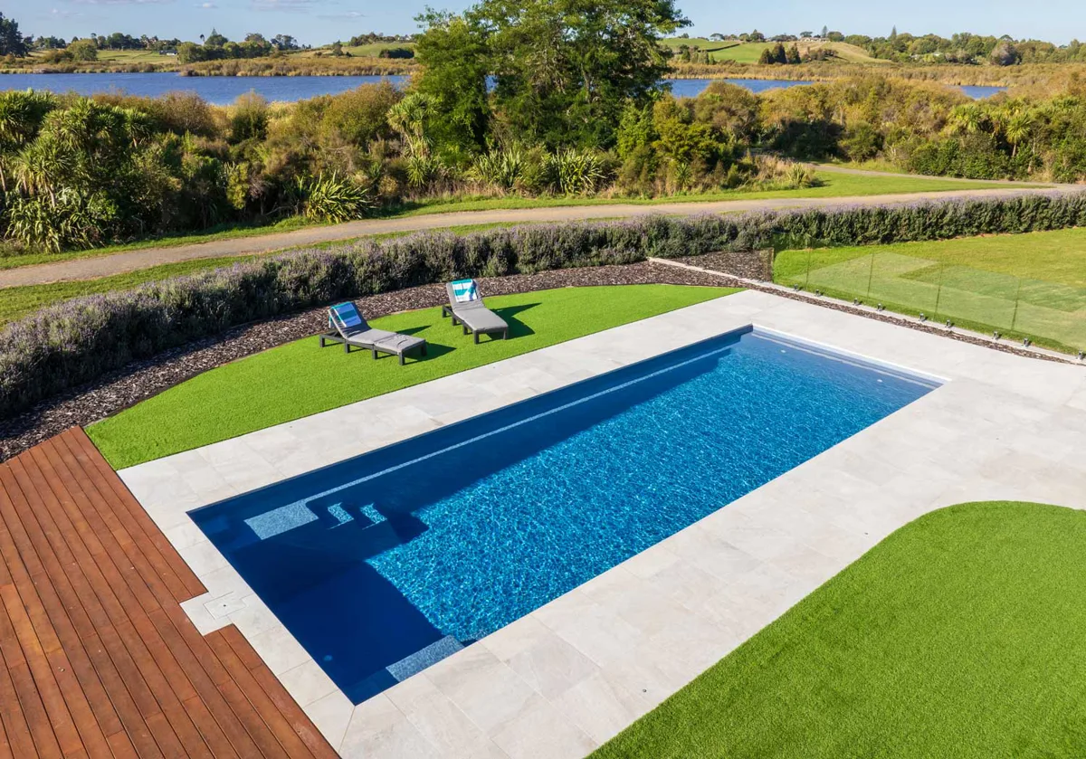 Latham Athens 13.37 fiberglass pool installed in a backyard