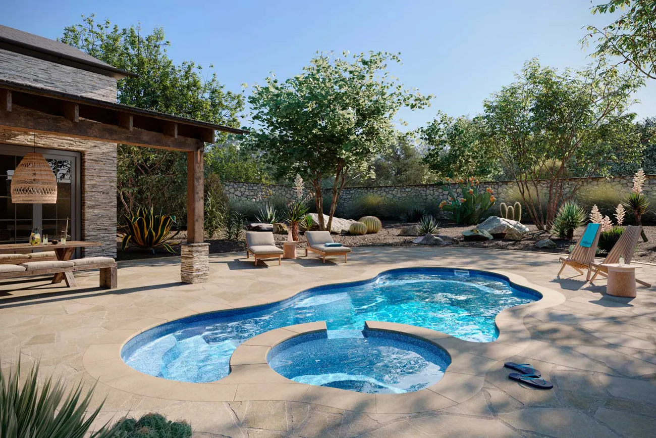 Latham Bermuda 12 Deluxe fiberglass pool installed in a backyard