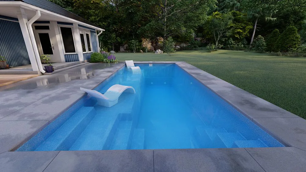 Lounger on the tanning ledge of a Latham Providence 14 fiberglass pool