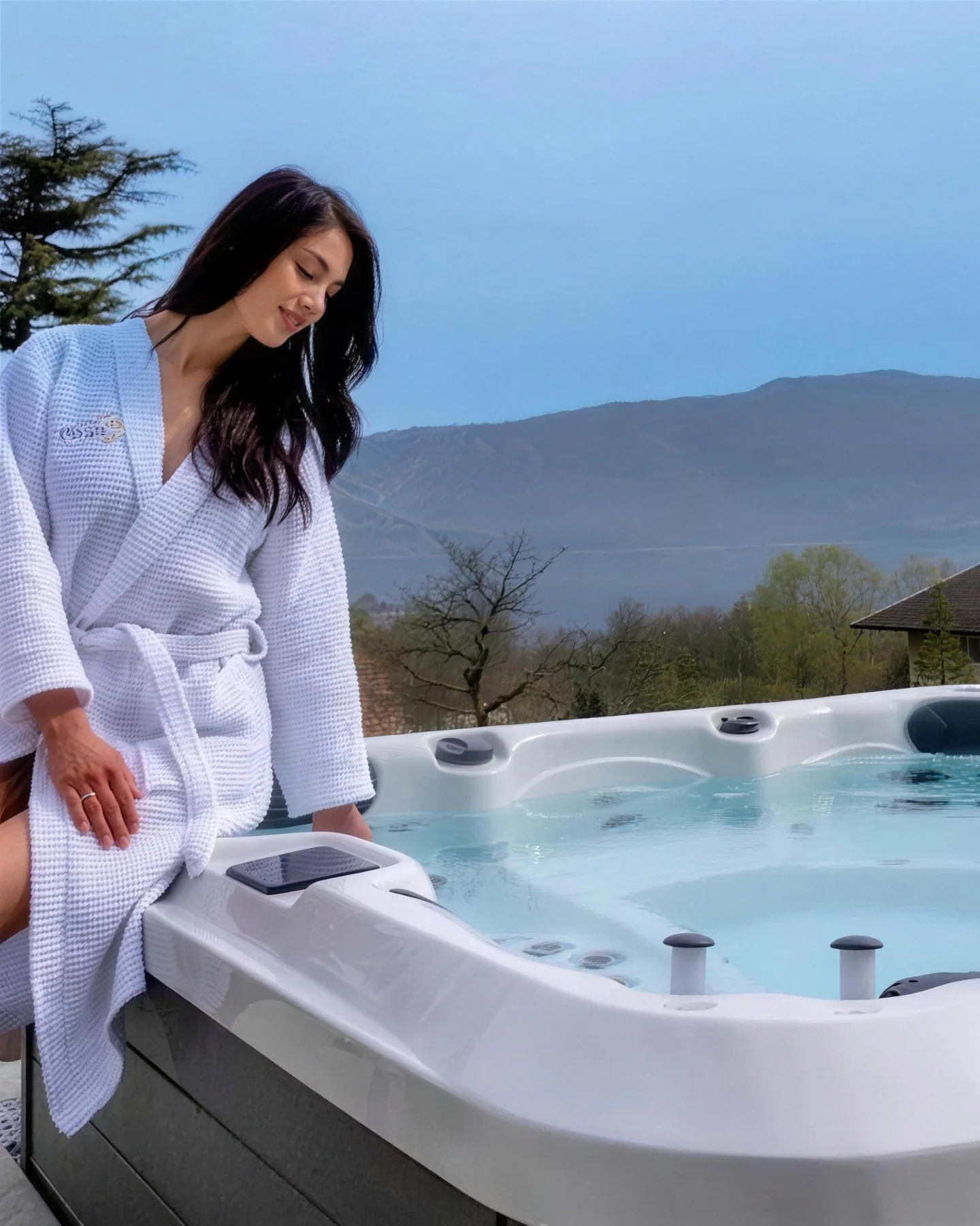 Woman in a robe beside a Maple Spas M420 hot tub with mountain views
