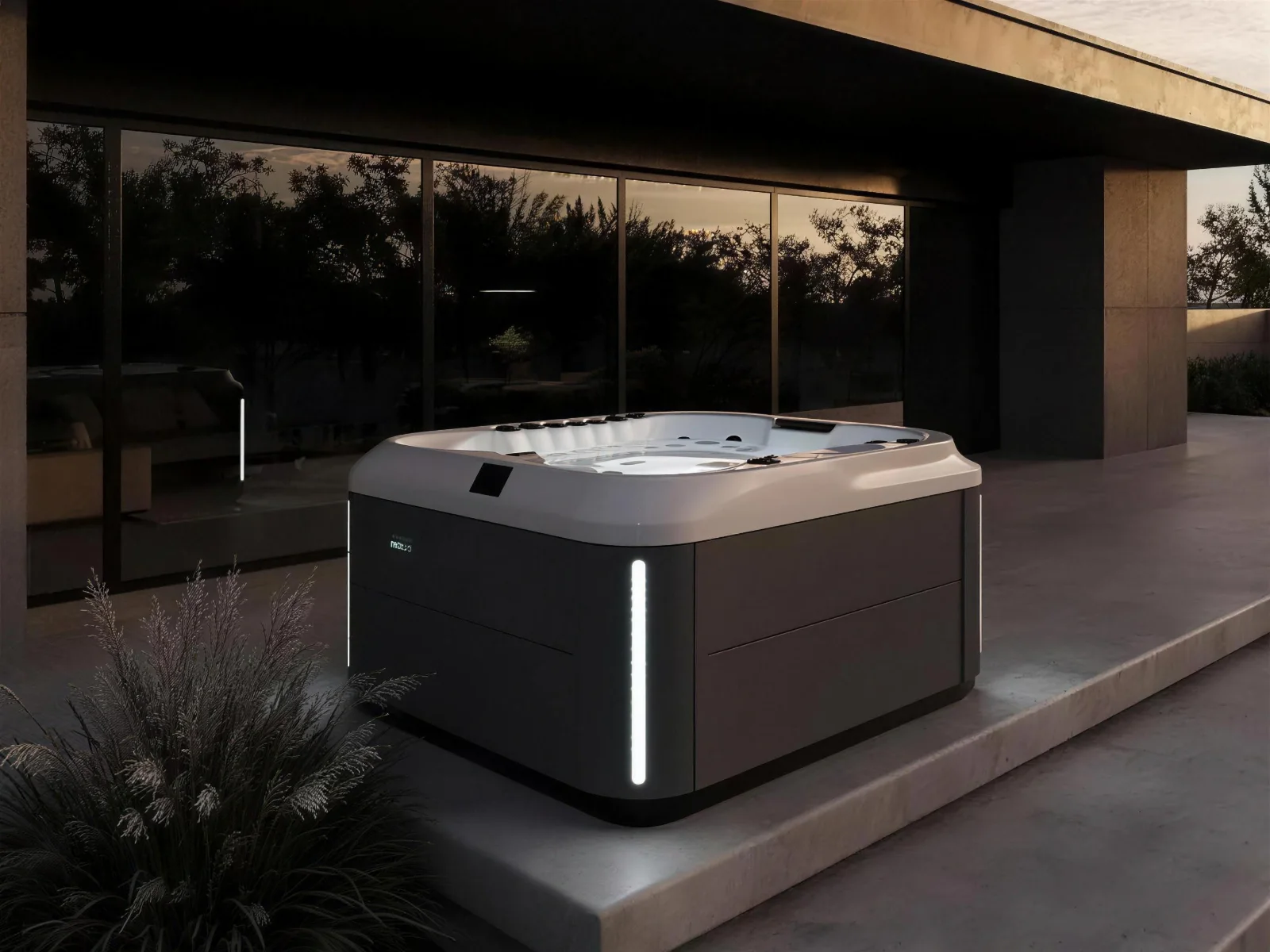 Platinum Spas Capri hot tub on a terrace at dusk