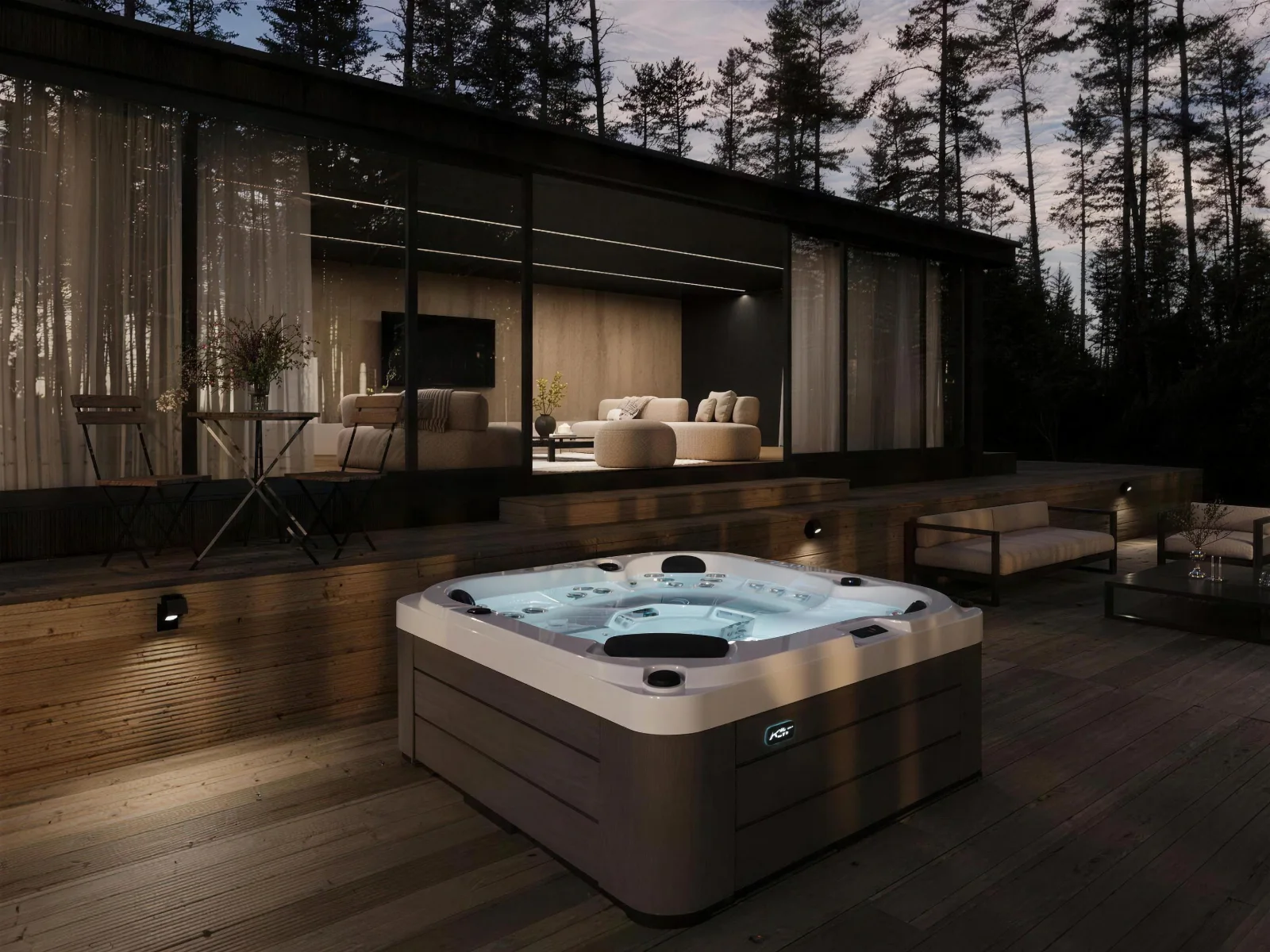 Platinum Spas St Tropez hot tub on a modern terrace at dusk