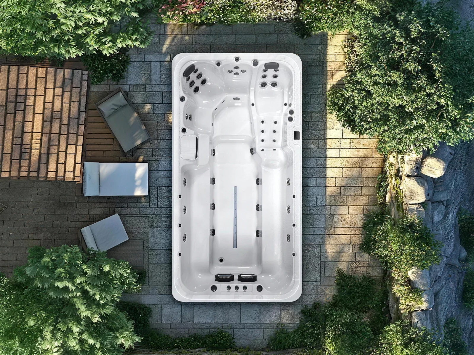 Platinum Titan swim spa in a garden, seen from above